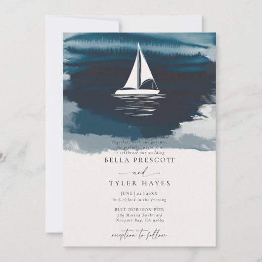 Kustmarine Ocean Beach Zeilboot Elegante bruiloft Kaart (Voorkant)