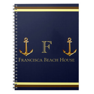 Kustmarineblauw Nautical Gold Anchor Beach House Notitieboek