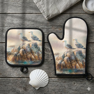 Kustmeeuwen Aquarel Zeegezicht Ovenwant & Pannenlap Set