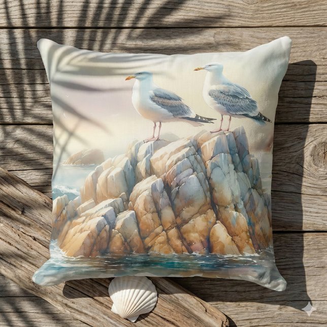 Kustmeeuwen Waterverf Zeegezicht Kussen (Coastal Seagulls Watercolor Seascape Throw Pillow Mockup A)
