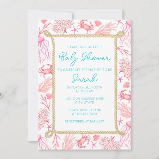 Kustmeisje Nautical Baby shower Invitation Girl Kaart (Voorkant)