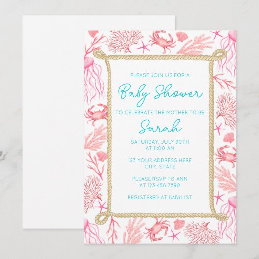 Kustmeisje Nautical Baby shower Invitation Girl Kaart (Voorkant / Achterkant)