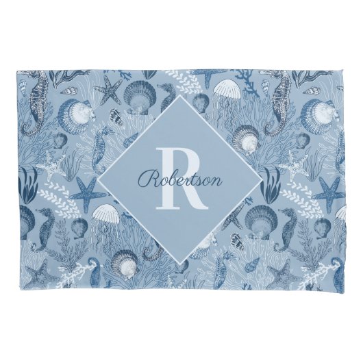 Kustmonogram het Blauwe leven van het OceaanZee Kussensloop (Voorkant)