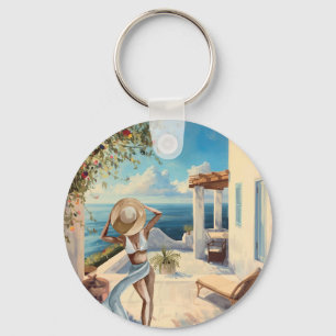 Kustmuurkunst Mediterrane vrouw aan zee Sleutelhanger