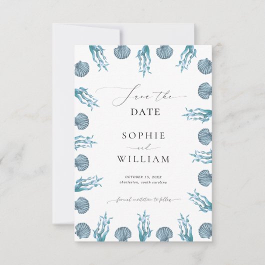 Kustnavigatie Blauwe Schelp Frame Strand Bruiloft Save The Date (Voorkant)