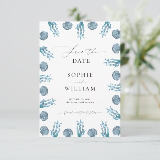 Kustnavigatie Blauwe Schelp Frame Strand Huwelijk Save The Date (Staand voorkant)