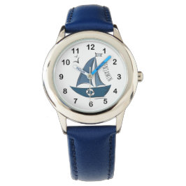 Kustnavigatieblauwe zeilboot en aangepaste naam horloge