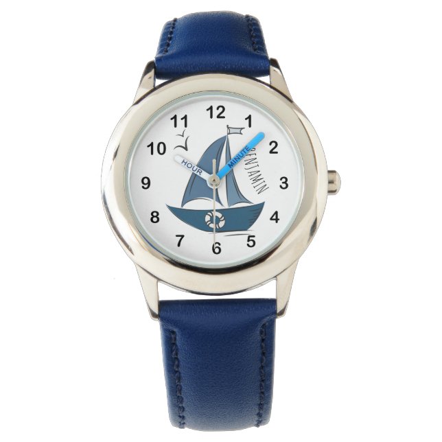 Kustnavigatieblauwe zeilboot en aangepaste naam horloge (Voorkant)