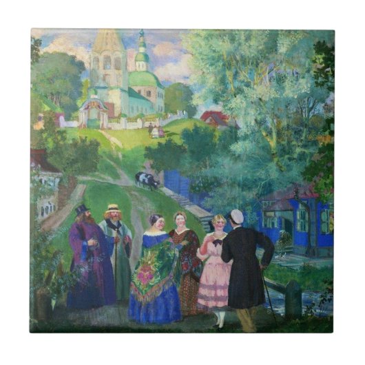Kustodiev: kunstwerk in de zomer-provincie tegeltje (Voorkant)