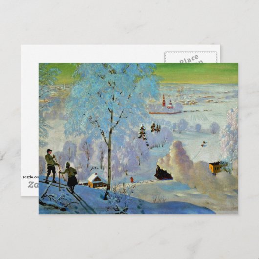 Kustodiev - Skiers Briefkaart (Voorkant / Achterkant)