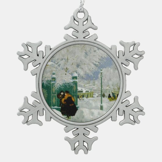 Kustodiev - Winter Scene, beroemd schilderij; Tin Sneeuwvlok Ornament (Voorkant)