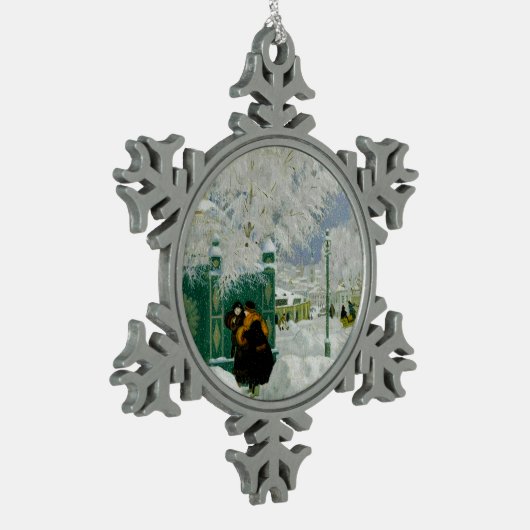 Kustodiev - Winterse scène, beroemd schilderij, Tin Sneeuwvlok Ornament (Links)