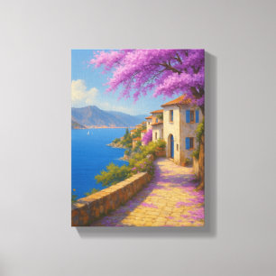 Kustpad met Paarse Bloesem en Zee Uitzicht Art Canvas Afdruk