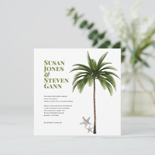Kustpalm Bold Typography Beach Wedding Kaart (Staand voorkant)
