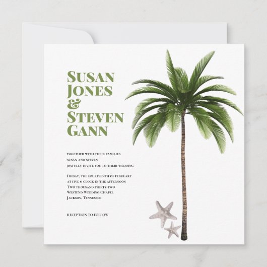 Kustpalm Bold Typography Beach Wedding Kaart (Voorkant)