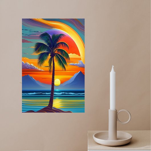 Kustpalm Sinaasappel Zonsondergang Illustratie Poster