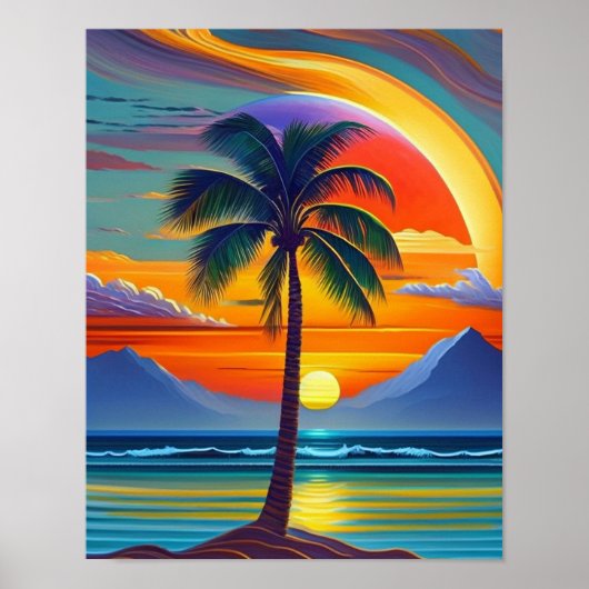 Kustpalm Sinaasappel Zonsondergang Illustratie Poster (Voorkant)