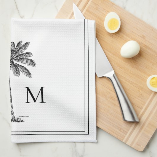 Kustpalm zwart-wit monogram theedoek (Quarter Fold)