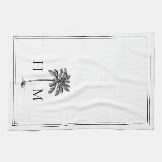 Kustpalm zwart-wit monogram theedoek (Horizontaal)