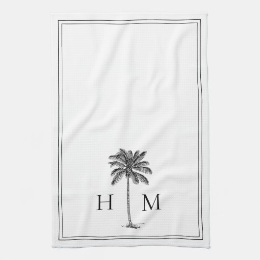 Kustpalm zwart-wit monogram theedoek (Verticaal)