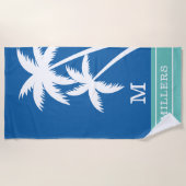 Kustpalmbomen monogram familienaam blauw groen strandlaken (Voorkant)