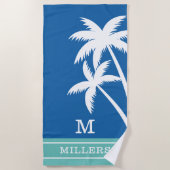 Kustpalmbomen monogram familienaam blauw groen strandlaken (Voorkant)