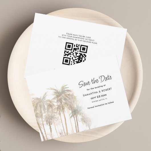 Kustpalmboom en QR-code trouwkaart Save The Date