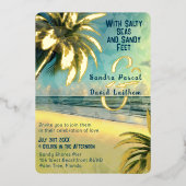 Kustpalmboom Tropische Hawaïaanse strand bruiloft Folie Uitnodiging (Voorkant)
