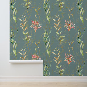 Kustpatroon, Kleurrijk, Minimal Seaweed Blauwgroen Behang
