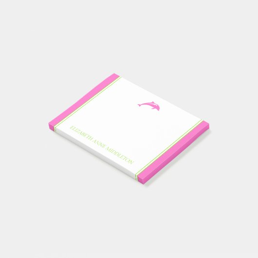 Kustpreppy roze en groene dolfijn gepersonaliseerd post-it® notes (Schuin)