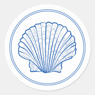 Kustrooster (Preppy Blue en White Scallop Shell) Ronde Sticker