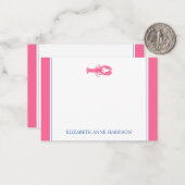 Kustroze en marineblauwe kreeft gepersonaliseerd notitiekaartje (Voorkant / Achterkant in situ)