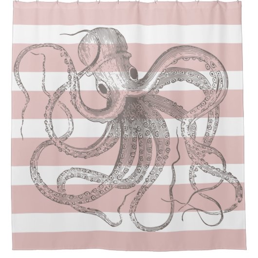 Kustroze  octopus op neusroze strepen douchegordijn (Voorkant)
