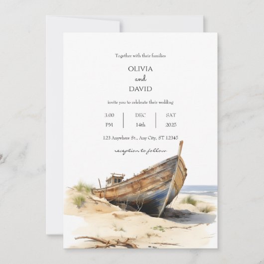 Kustrustieke scheepswrak Shoreline Beach Bruiloft Kaart (Voorkant)