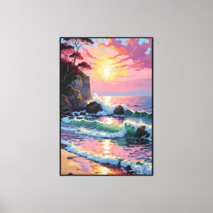 Kustscene bij zonsondergang met kliffen en golven canvas afdruk