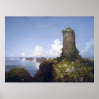 Kustscène met ruïneerde toren poster