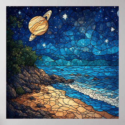 Kustscène onder een sterrenhemel poster (Voorkant)
