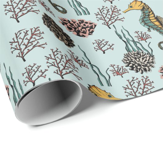 Kustschatten Zeepaardje & Koraal Nautisch Cadeaupapier (Rol Hoek)