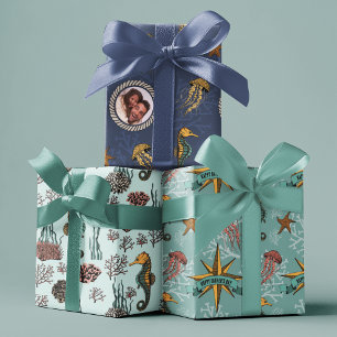 Kustschatten Zeepaardje & Koraal Nautisch Inpakpapier Vel