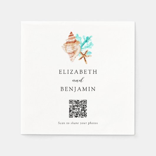 Kustschelp Strand Bruiloft QR Code Deel Foto Servet (Voorkant)