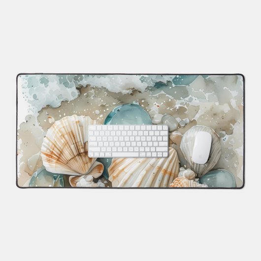 Kustschelpen Aquarel Drijfhout Scene Bureaumat (Keyboard & Muis)