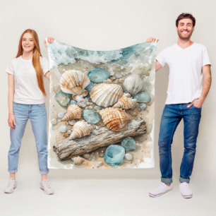 Kustschelpen Aquarel Drijfhout Scène Fleece Deken