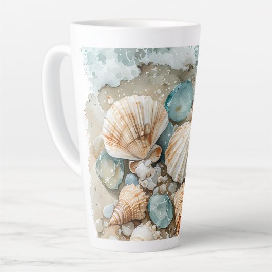 Kustschelpen Aquarel Drijfhout Scene Latte Mok (Linkerhoek)