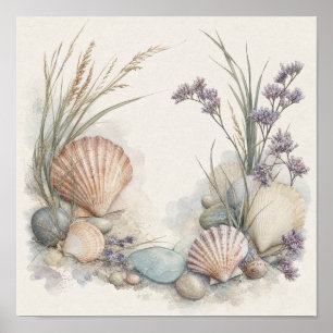 Kustschelpen en Zee Lavendel Vierkant Wand Kunst P Poster