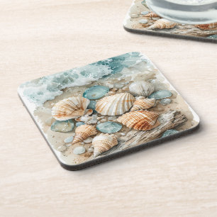 Kustschelpen Watercolorscène met Drijfhout Bier Onderzetter