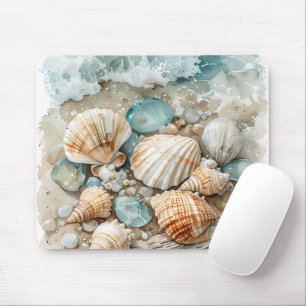 Kustschelpen Watercolorscène met Drijfhout Muismat