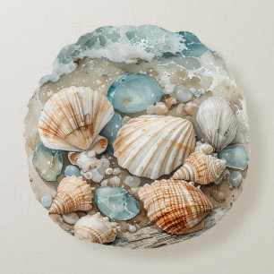 Kustschelpen Watercolorscène met Drijfhout Rond Kussen