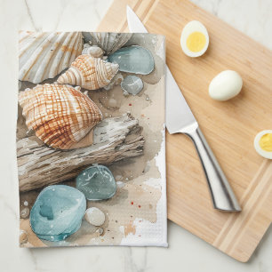 Kustschelpen Watercolorscène met Drijfhout Theedoek