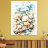 Kustschelpen Watercolorschets Drijfhout Scene Canvas Afdruk (Insitu (Woonkamer))