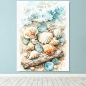 Kustschelpen Watercolorschets Drijfhout Scene Canvas Afdruk (Insitu (Houten vloer))